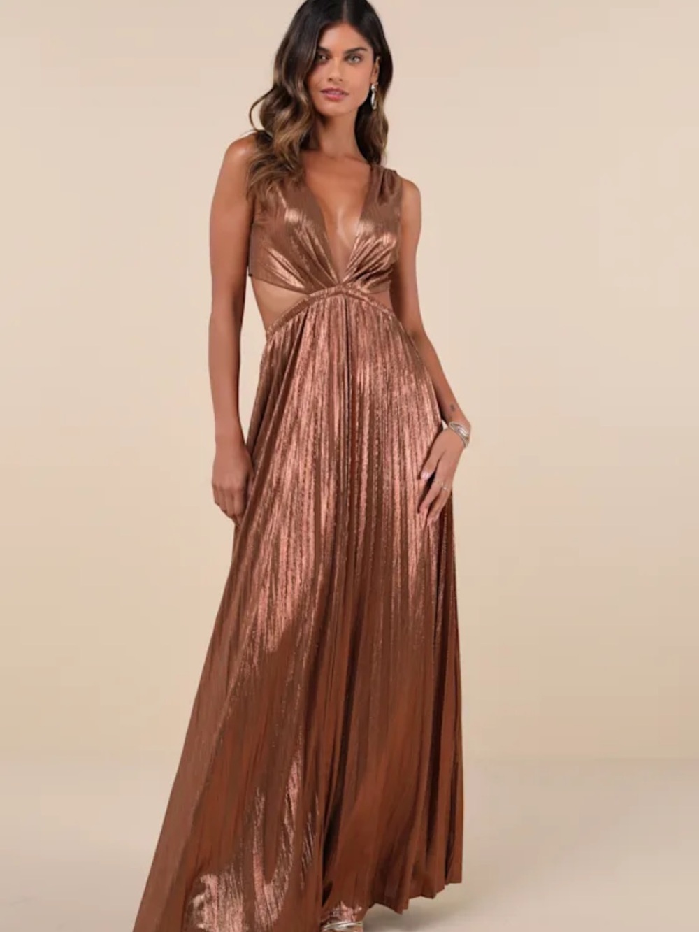 Lulu's Metallic Copper Plunge Maxi Gown